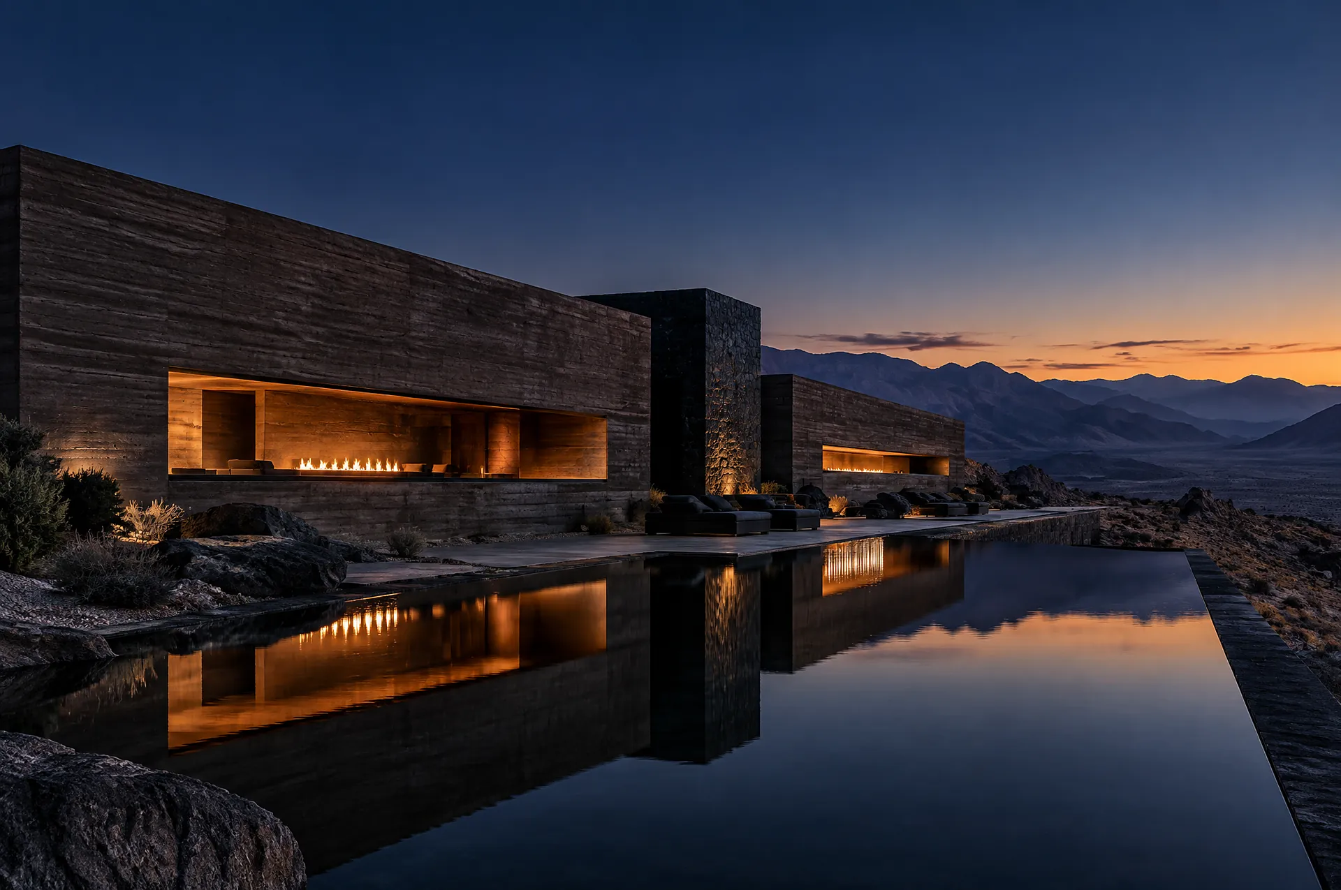 EMBER HOUSE: a low rammed-earth and dark stone retreat on a desert ridge, glowing slit windows over a reflecting pool