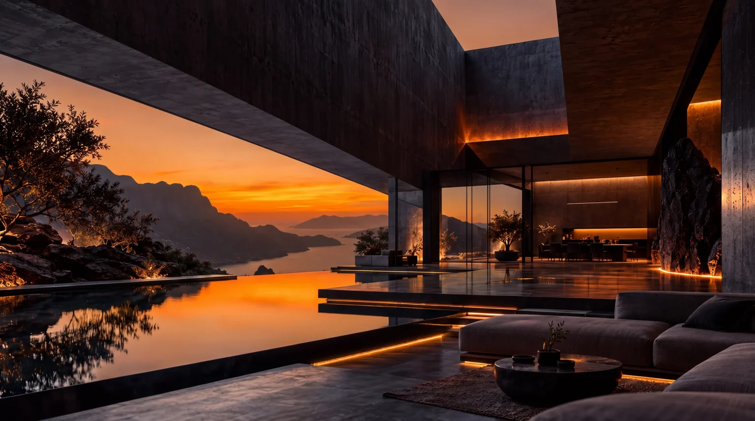 A dark concrete residence above a bay at sunset, an infinity pool and amber light glowing from within