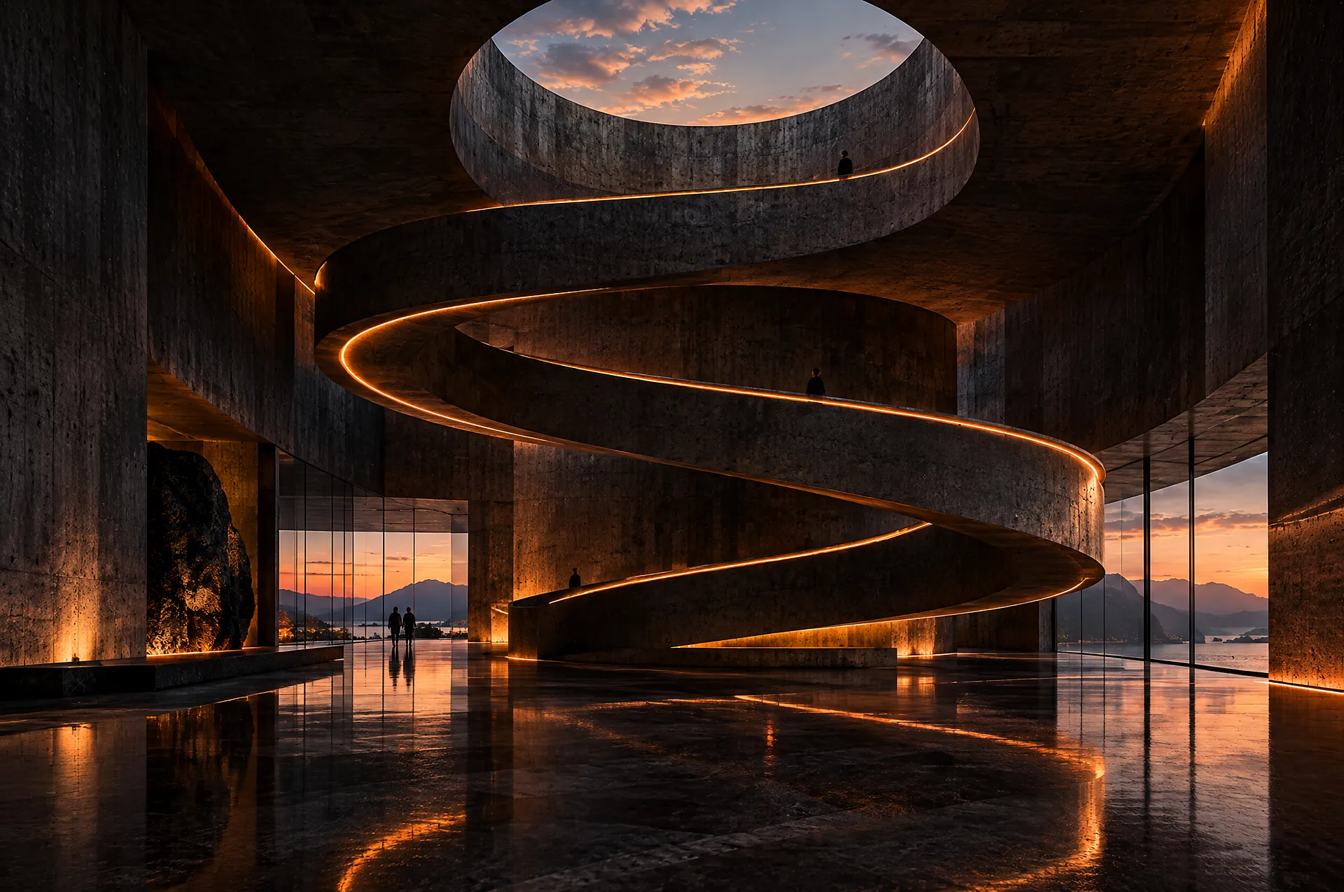 ORBITAL: a dark concrete spiral ramp inside a round exhibition hall, an amber light line along its edge
