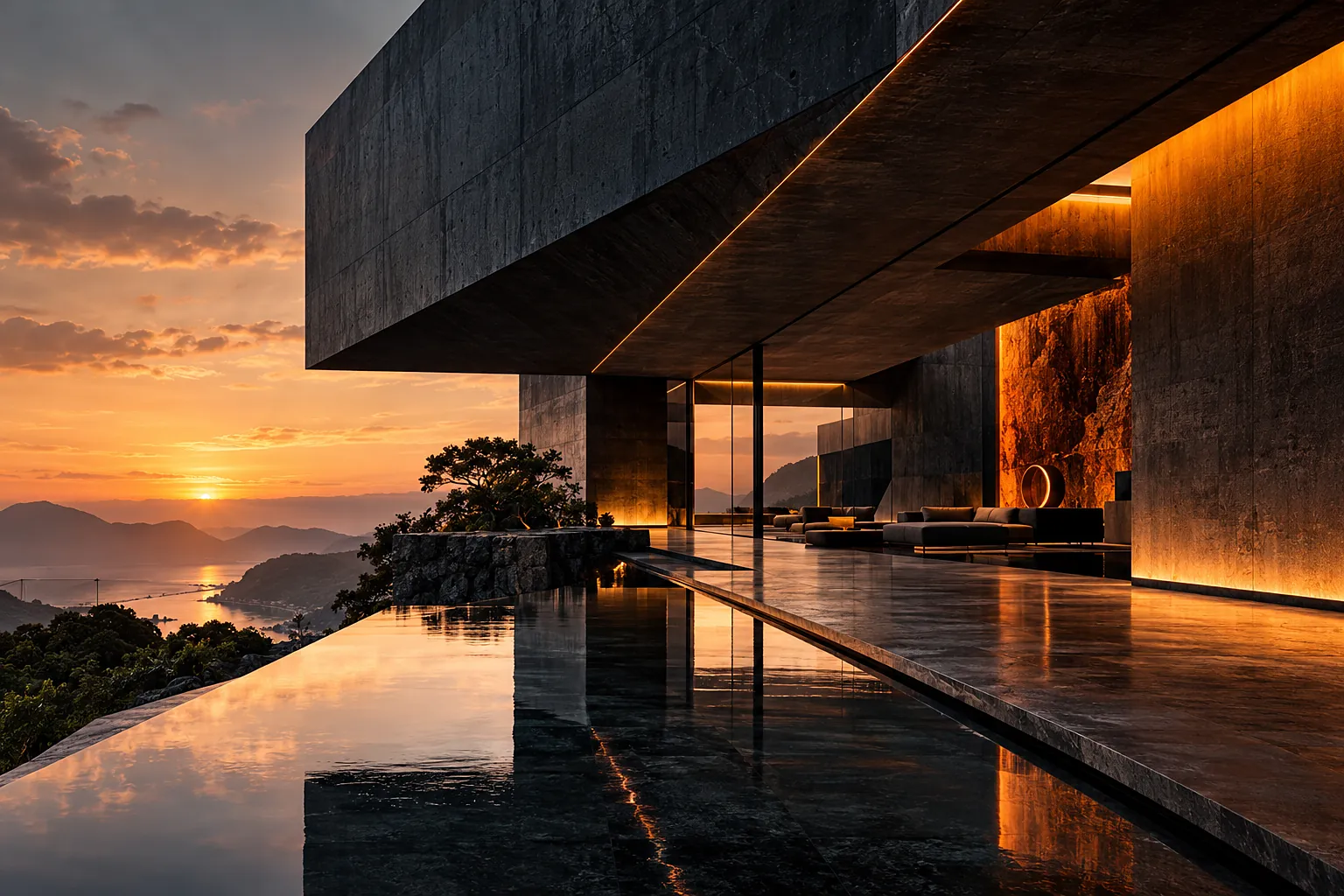 THE VEIL: cantilevered concrete volume over a pool, facing an orange sunset over mountains and water